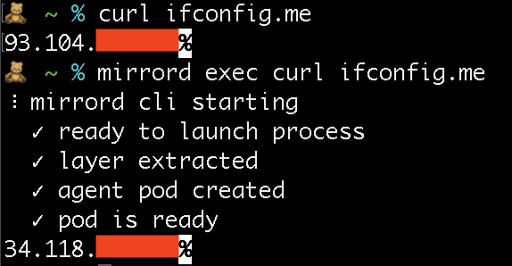 Running curl ifconfig.me, with and without targetless mirrord