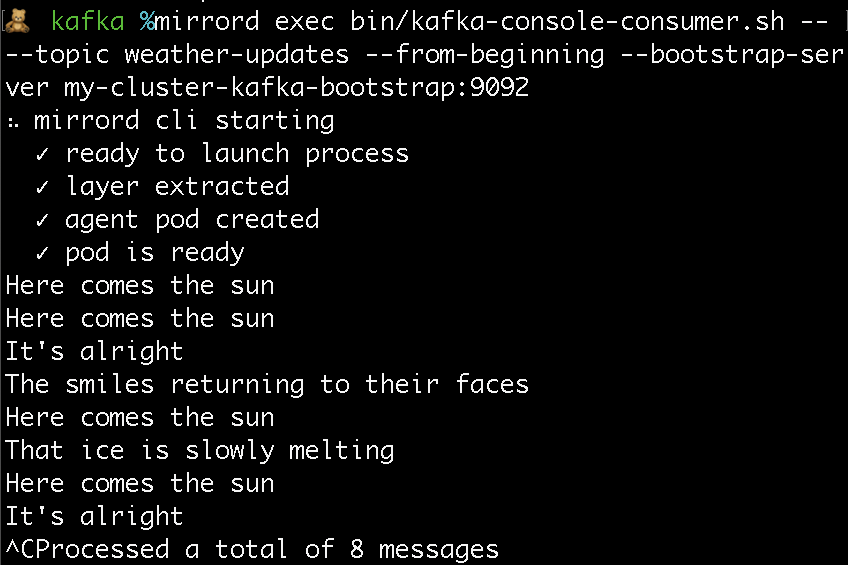 Running a Kafka client on the command line, reading events from the given topic.