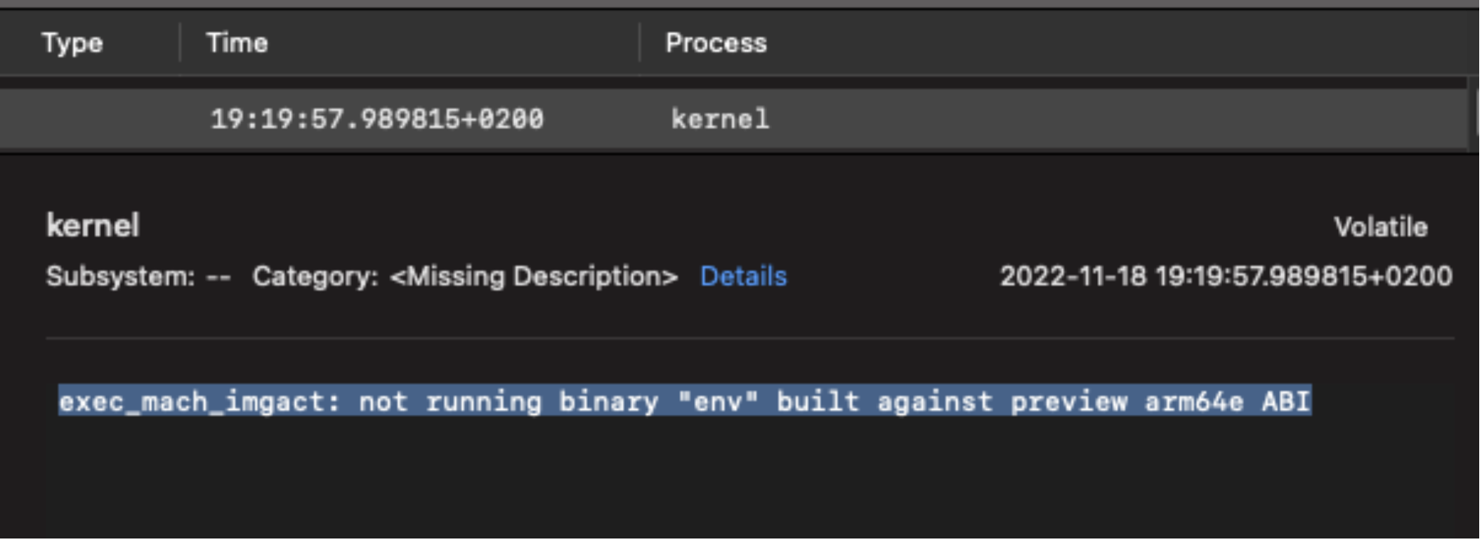 screenshot from console saying exec_mach_imgact: not running binary env built against preview arm64e ABI