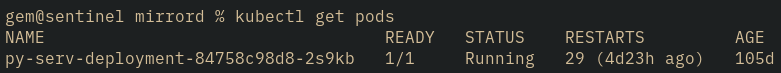 terminal output for the command kubectl get pods